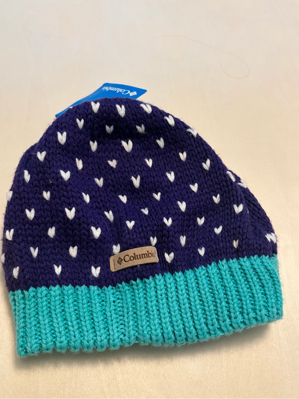 Columbia Kids' Purple & Teal Heart Knit Fleece Beanie, Girls O/S - NWT